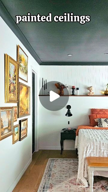 Paula Truscott + Martin Loorits on Instagram: "PAINTED CEILINGS 🤌 YAY OR NAY?  clearly we're here for the painted ceiling trend 👌 we've got three rooms with a painted "fifth wall"... one of us wants another while the other one does NOT wanna paint another ceiling 😅  admittedly they're a bit more difficult than painting a wall but the pay-off is so worth it 😍  i love how they just blanket the room in colour, especially if the walls are white 🌈 and I also love them in a colour drenched room – when everything is the same colour it just feels so warm and cosy ☺️   would you go bold on your ceiling? 🤔   ~  #paintedceiling  #colourdrenching  #mycolourfulinterior  #rainbowhomemonthly  #eclecticinteriors" Green Painted Ceiling Ideas, Coloured Ceilings Bedroom, Painted Ceiling Green, White Walls Colored Ceiling, Painted Ceilings Bedrooms, Ceiling Painted Different Color, Green Ceiling Paint, Painted Ceiling Ideas Living Room, Painted Bedroom Ceiling