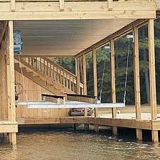 Boat From Above, Lake Docks Designs, Fish Camp House, Boat Lift Dock, Building A Dock, Boathouse Design, Boat Hoist, Dock House, House Lift