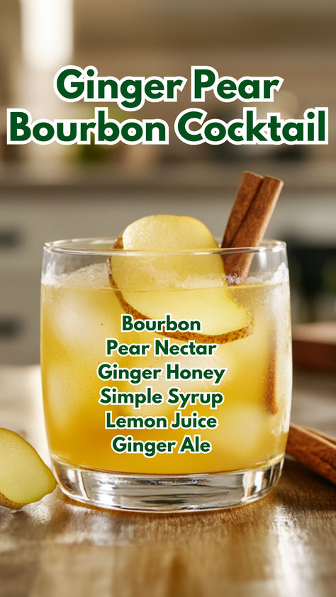 Ginger Pear Bourbon Cocktail Ginger Ale Cocktail, Warm Winter Drinks, Honey Cocktail, Pear Cocktails, Restaurant Drinks, Ginger Cocktails, Honey Simple Syrup, Cocktail Drinks Alcoholic, Sparkling Drinks