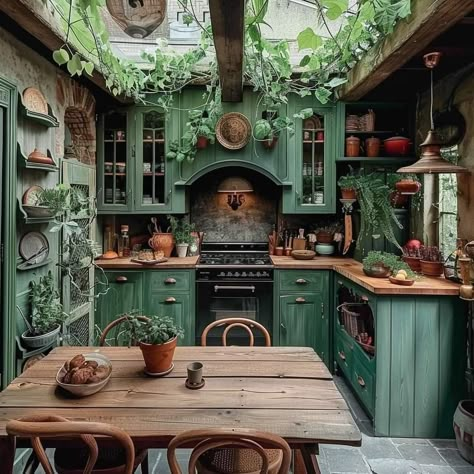 Farmhouse Kitchen Green, Pastel Boho, Kitchen Green, Fall Kitchen Decor, Dream Kitchens Design, Green Cabinets, Fall Kitchen, Dream House Rooms, Cozy Kitchen