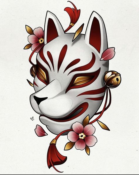 Japanese Samurai Mask Tattoo Design, Cat Mask Tattoo, Japanese Fox Mask Tattoo, Japanese Kitsune Mask Tattoo, Kitsune Mask Tattoo Design, Japanese Kitsune Tattoo, Fox Mask Tattoo, Kitsune Tattoo Design, Japanese Cat Mask