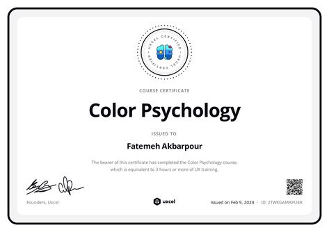 Uxcel Course Certificate of Completion | Uxcel Popular Color Schemes, Course Completion Certificate, Psychology Courses, Psychological Effects, Certificate Of Completion, Color Meanings, Ways Of Learning, Composition Design, Learning Design