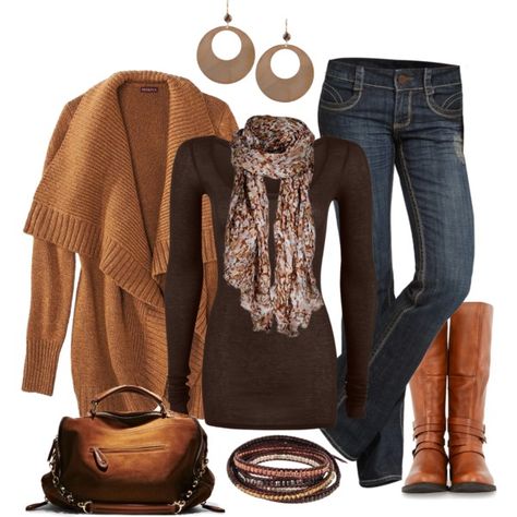 A fashion look from November 2013 featuring brown cardi, long-sleeve shirt and stretchy jeans. Browse and shop related looks. Brown Top Outfit, Womens Chunky Cardigan, Plus-koon Muoti, Chunky Sweater Cardigan, Outfit Primavera, Stylish Eve, Glad Rags, Top Outfit, Brown Top