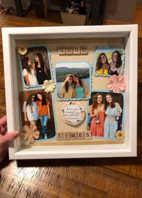 Shadow Box Ideas Best Friend, Shadow Box For Best Friend, Sister Shadow Box Ideas, Scrabble Shadow Box Ideas, Shadow Box Ideas For Friends, Friendship Shadow Box Ideas, Shadow Box Picture Ideas, Sorority Shadow Box Ideas, Farewell Gift For Best Friend