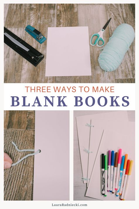 Learn three ways to make blank books with printer paper for kids to write in, draw in, or make books as they explore their imagination! Handmade Books How To Make, How To Make A Paper Book, Book Making For Kids, How To Make A Book Out Of Paper, Diy Sketch Book, Book Making Ideas, Make Your Own Book, Book Page Garland, Book Page Flowers