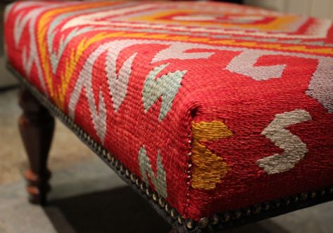 Upholstered Bench Diy, Sofa Workshop, Kilim Bench, Kilim Ottoman, Ottoman Furniture, Turkish Ottoman, Fabric Bed Frame, Handmade Ottomans, Ottoman Decor