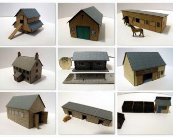 9 N Gauge Model Card Buildings. Chapel, Farmhouse and more N Scale Buildings, N Scale Train Layout, Red Telephone Box, N Scale Model Trains, N Scale Trains, N Gauge, Model Train Scenery, Barn Plans, Petrol Station