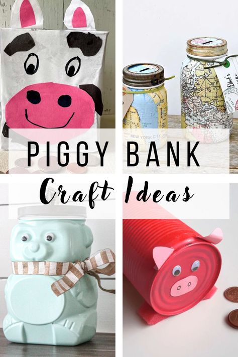 10 DIY Piggy Banks Diy Piggy Bank For Kids, Homemade Piggy Bank, Homemade Piggy Banks, Diy Piggy Bank, Piggy Bank Craft, Mason Jar Bank, Piggy Bank Diy, Diy Bank, Penny Bank