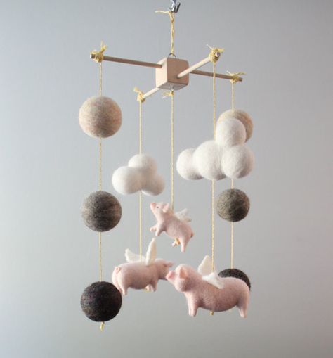 Pig Nursery, Modern Crib Mobile, Pot Bellied Pig, Pink Pot, Mobile Ideas, Pot Belly Pigs, Felt Animal Patterns, When Pigs Fly, Pigs Fly