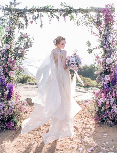 Purple Wedding Ceremony, Arch With Flowers, Jasmine Bridal, Violet Wedding, Cape Wedding Dress, Arch Flowers, Lilac Wedding, Wedding Ceremony Backdrop, Purple Wedding Flowers