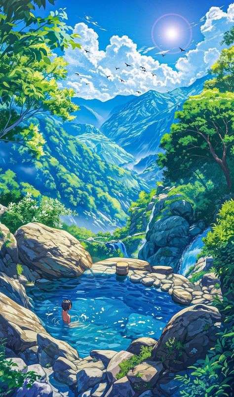 Dreamy Artwork, Dreamy Landscapes, Ghibli Art, Cool Wallpapers Art, Beautiful Landscape Wallpaper, Fantasy Art Landscapes, Landscape Illustration, Sky Art, Arte Fantasy