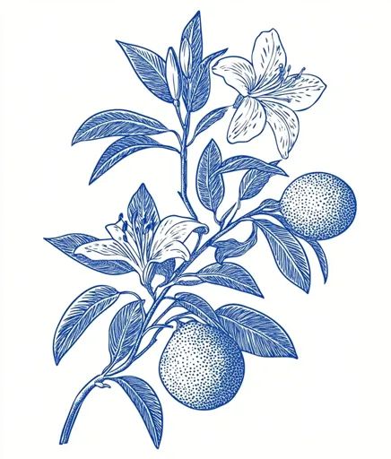 ↑↑↑ Larger size on website 🔸 A detailed blue line drawing of a citrus tree branch with two oranges and two lilies. The leaves are Blue Line Drawing, Clementine Tree, Branch Drawing, Citrus Tree, Tropical Orange, Citrus Trees, Flower Branch, Tree Branch, Blue Line