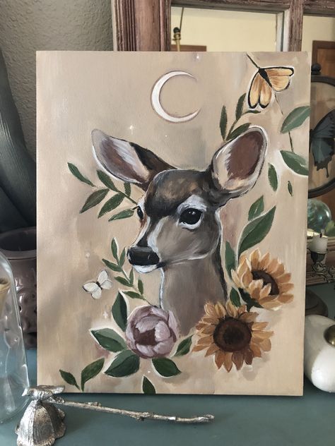 Simple Deer Painting, Aries Painting Ideas On Canvas, Deer Painting Ideas, Acrylic Painting Ideas Animals, Things To Paint On A Big Canvas, Acrylic Animal Paintings Easy, Painting Ideas On Canvas Animals, Deer Painting Easy, Simple Animal Paintings