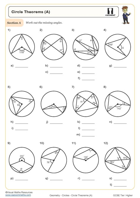 This Circle Theorems Worksheet is excellent for students to practice the circle theorems “angles in the same segment are equal” and “the angle at the centre is twice the angle at the circumference”. Year 9 Maths Worksheets, Ks3 Maths Worksheets, Ks1 Maths Worksheets, Year 6 Maths Worksheets, Year 5 Maths Worksheets, Year 7 Maths Worksheets, Circle Theorems, Circle Geometry, Geometry Problems