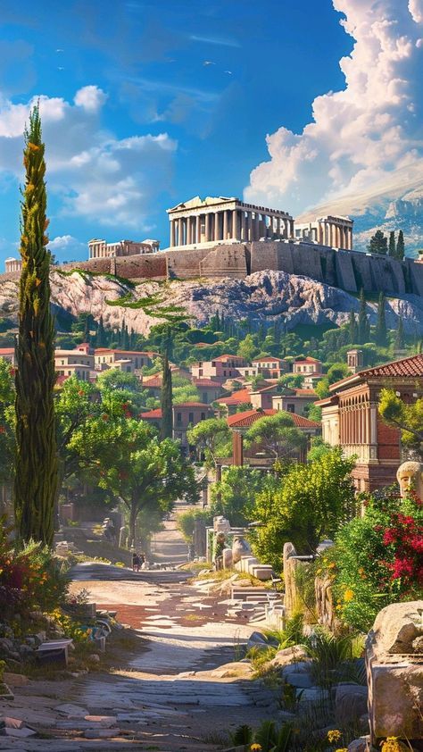 Greek City Fantasy Art, Fantasy Rome Art, Greek Inspired Fantasy City, Ancient Greece Landscape, Ancient Rome Wallpaper, Ancient Greece City, Roman Empire Aesthetic, Ancient Rome Architecture, Ancient Rome Aesthetic