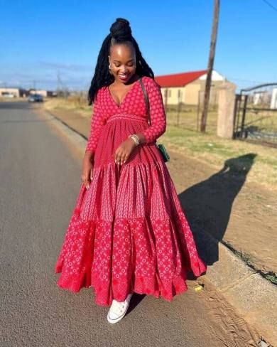 28 Best Tswana Traditional Attires in South African Style Seshoeshoe Designs 2023, Seshoeshoe Dress Patterns, Modern Shweshwe Dresses, Red Traditional Dress, Shweshwe Dresses For Makoti, South African Dresses, Seshweshwe Dresses, Sotho Traditional Dresses, Sesotho Traditional Dresses