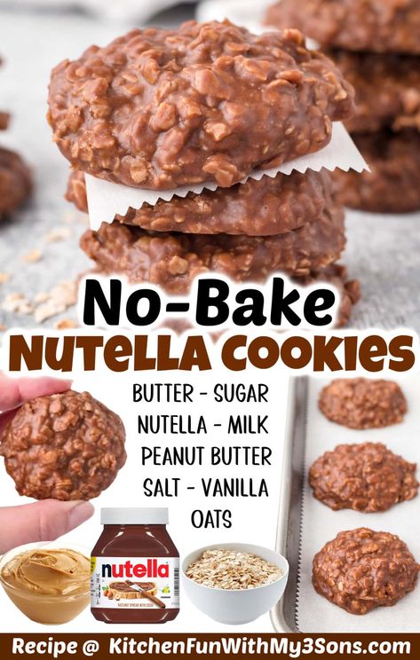 Quick Oats Cookies, Nutella No Bake Cookies, Nutella No Bake, Nutella Treats, Instant Oatmeal Cookies, Peanut Butter Nutella Cookies, Nutella Peanut Butter, Nutella Cookies Recipe, Oats Cookies