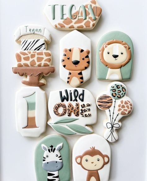 Safari Cookies, First Birthday Cookies, Wild Birthday Party, Wild One Birthday Invitations, Boys First Birthday Party Ideas, Baby Boy 1st Birthday Party, Safari Cakes, Wild One Birthday Party, Twin First Birthday