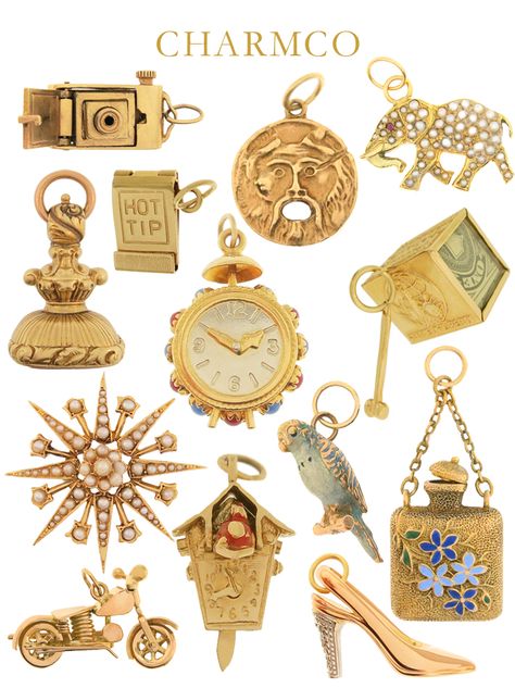 Charming Tuesday, March 2014 This time we went with a theme and chose thirteen of our most sought after classic must-have charms. Featuring fun mechanical charms; the pop up camera, cuckoo clock, perfume bottle, hot tip match book and the motorcycle. Sign up to our mailing list for first dibs on future one-of-a-kind vintage charms. Victorian Charm Bracelet, Vintage Charm Bracelets, Vintage Gold Charms, Antique Charms, Match Book, Miniatures Diy, Vintage Charm Bracelet, Turquoise Jewelry Native American, Gold Charms