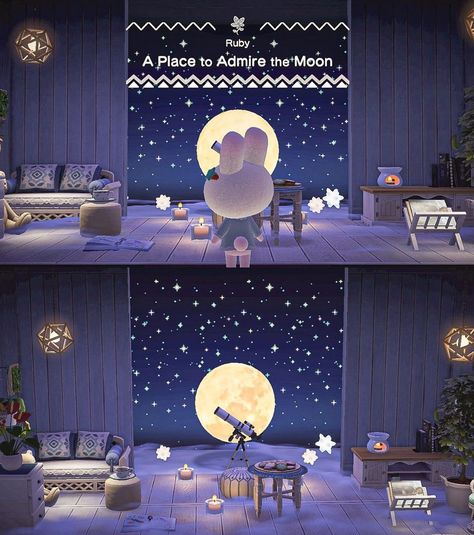 Acnh Ruby House, Moon Room Animal Crossing, Acnh Moon House, Acnh Skye House, Acnh Moon Garden, Animal Crossing Ice Rink, Acnh Zodiac Designs, Animal Crossing Moon Design, Acnh Marina House