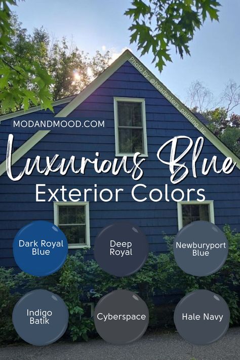 blue and navy exterior paint colors Houses Painted Blue Exterior, Blue And White Exterior House Colors, Blue Exterior House Colors With Stone, Navy Blue And Brick House Exterior, Sherwin Williams Indigo Batik Exterior, Bm Exterior Paint Colors For House, Indigo House Exterior, Navy Blue Houses Exterior, Royal Blue House Exterior