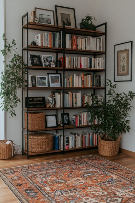 Industrial Bookshelf Styling, Cube Bookshelf Styling, Dark Grey Couches, Types Of Couches, Minimalist Living Room Ideas, Beige Couch, Living Room Minimalist, Brown Leather Couch, Industrial Bookshelf