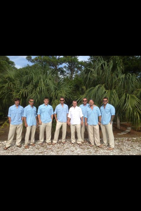 Hott guys- beach wedding- blue Columbia shirts- beach khakis- perfect Light Grey Suit Beach Wedding, Groomsmen Shorts Beach, Sea Glass Bridesmaid Dresses With Groomsmen, Beach Wedding Groom Attire Casual Khakis White Shirts, Men’s Shorts With Bow Ties Beach Wedding, Man Pic, Campsite Wedding, Beach Wedding Groom Attire, Powder Blue Wedding