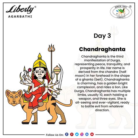 Chandraghanta is the third form of Goddess Parvati (Durga). Her name Chandra-Ghanta, means "one who has a half-moon shaped like a bell. Her third eye is always opened and she is always ready for war against demons" Day 3 Navratri Goddess Images, Navaratri Day 3 Chandraghanta, Chandra Ghanta Maa, Chandraghanta Devi Images, Navratri Day 3 Chandraghanta, Day 3 Navratri, Chandraghanta Devi, Dark Academia Poems, Navratri Quotes