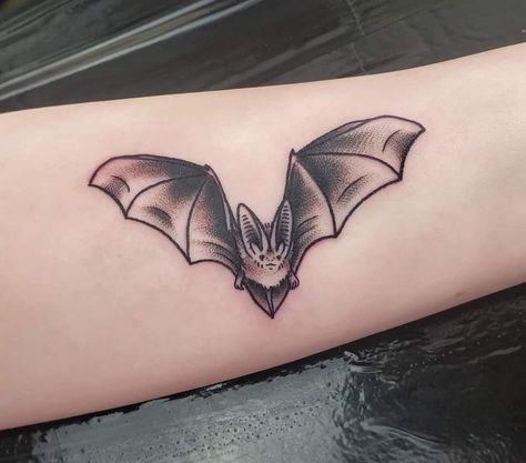 Bat Shoulder Tattoo, Bat Open Wings Tattoo, Bat Tattoo Meaning, Old School Bat Tattoo, Bat Knee Tattoo, Bat Tattoo On Elbow, Spooky Butterfly Tattoo, Bats On Arm Tattoo, Bat Tattoo Elbow