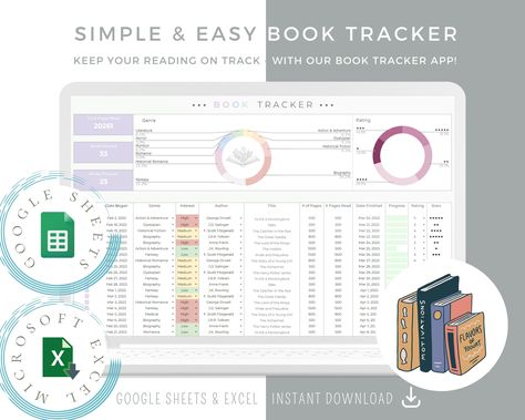 Reading Tracker, Ultimate Book Tracker Template, Track Your Reading, Reading Log, Book Journal, Google Sheets and Excel Spreadsheet by TrackerPro on Etsy Reading Journal Spreads, Book Tracker Template, Book Tracker, Tracker Template, Easy Books, Journal Spreads, Reading Tracker, Personal Library, Gift Certificate Template