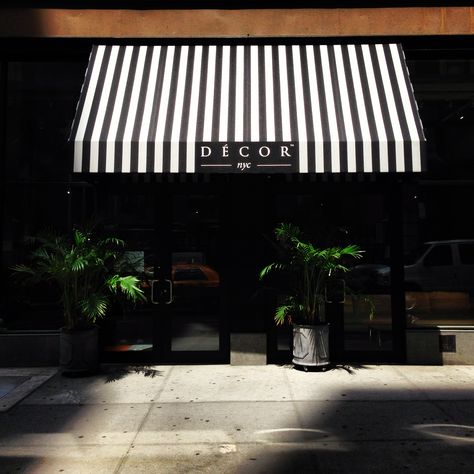 Black And White Awning, Stripe Awning, French Branding, Black Building, Fabric Awning, Bubble Tea Shop, Shop Facade, Italian Cafe, Storefront Design