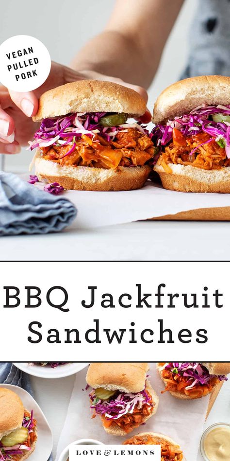 BBQ Jackfruit Sandwich Recipe - Love and Lemons Bbq Pulled Jackfruit, Jackfruit Pulled Pork, Jackfruit Sandwich, Vegan Pulled Pork, Canned Jackfruit, Bbq Jackfruit, Jackfruit Recipes, Vegan Coleslaw, Bbq Sandwich