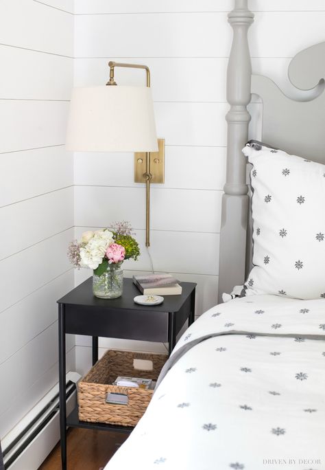 A great small, narrow black nightstand that's perfect for small bedrooms! #nightstand #nightstands #bedroomdecor Small Guest Bedroom Ideas, Night Stands Bedroom, Guest Bedroom Ideas, Narrow Nightstand, Nightstand Design, Small Guest Bedroom, Guest Bedroom Design, Black Nightstand, Nightstand Decor