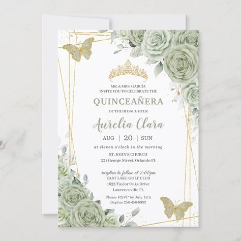 Chic Sage Green Floral Butterflies QuinceaÃ±era Invitation  Zazzle Invitations Quinceanera, Quinceañera Invitation, Lollipop Party, 16 Invitations, Quince Invitations, Butterfly Invitations, Green Invitations, Sage Green Floral, Floral Greenery