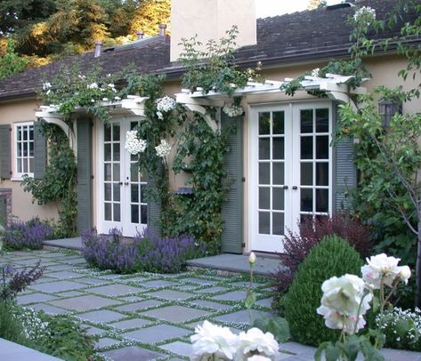 My inspired French door look for the backyard look. Eyebrow Pergola, Pergola Corner, Mediterranean Patio, White Pergola, Small Pergola, Pergola Diy, Corner Brackets, Patio Pergola, Pergola Design