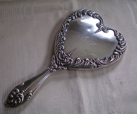 Antique Sterling, Miniature, Heart Shaped Hand Mirror  rubylane.com Heart Shaped Mirror, Mirror Tattoos, Mirror Drawings, Heart Shaped Hands, Heart Mirror, Shaped Mirror, Hand Mirror, Silver Heart, Pretty Pictures