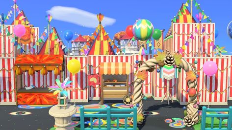 Pretty proud of the circus entrance I made! 🤹🏻‍♀️💕 : ac_newhorizons Acnh Circus, Circus Entrance, Duck Island, Leaf Animals, Happy Home Designer, Island Theme, Qr Codes Animal Crossing, Post Animal, Circus Tent