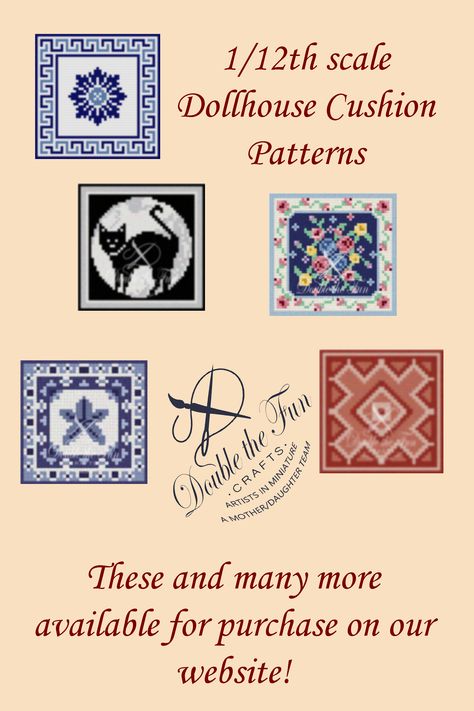 We have many wonderful pillow designs for you to stitch for your dollhouse or miniature scene. Designed for petit point however, they may be stitched in cross stitch or needlepoint if you wish them to be a different size. Available for instant download when purchased from our store. Dollhouse Cross Stitch, Miniature Cross Stitch Patterns, Miniature Needlepoint, Miniature Items, House Crafts, Doll House Crafts, Needlepoint Patterns, Pillow Designs, Cushion Pattern