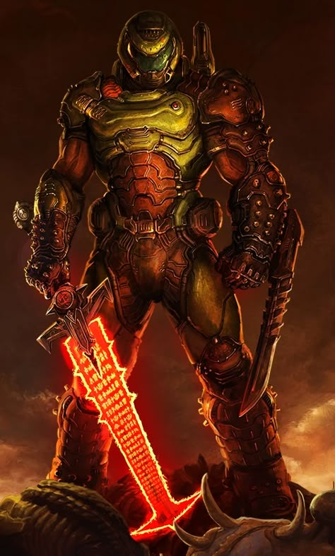 The Doom Slayer, also known as Space Marine, Doom Marine, or Doomguy, is a legendary demon slayer and a former a member of the United States Space Marine Corps famous for saving Earth and from demonic forces. As a soldier, the Doomguy refused to open fire on innocent civilians and eventually came to blows with his superior officer over the command. This act of insubordination lead to his reassignment to serving on a base on Mars, in what was believed to be a punishingly boring and secluded post. Doom Videogame, Sif Dark Souls, Doom Game, Trending Pins, Video Game Characters, Save Earth, Space Marine, 그림 그리기, Game Character