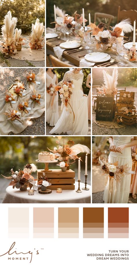 Wedding Interior Decoration, Asian Wedding Color Palette, Rustic Beige Wedding Theme, Boho Glam Wedding Color Palette, Rustic Champagne Wedding, Copper And Taupe Wedding, Neutral Rustic Wedding, Rustic Elegance Wedding Decor, Rustic Boho Wedding Theme