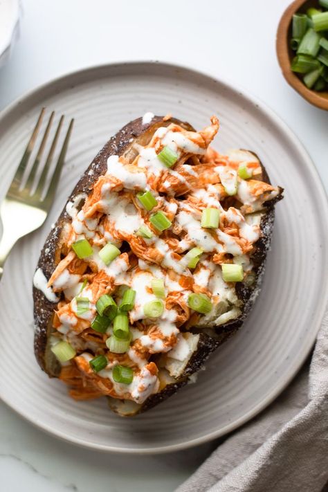 garnished buffalo chicken baked potato on a plate Shredded Buffalo Chicken, Chicken Potato Bake, Paleo Slow Cooker, Baked Buffalo Chicken, Stuffed Sweet Potatoes, Healthy Buffalo Chicken, Chicken Stuffed, Chicken Sweet Potato, Weeknight Dinner Recipe