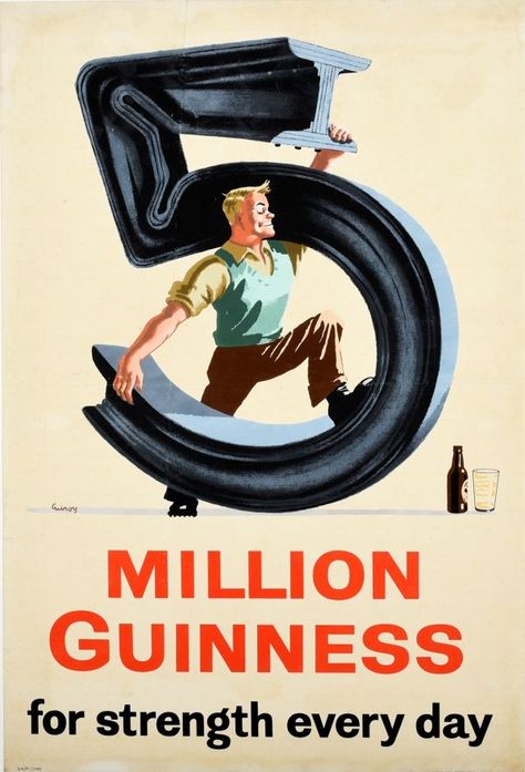 Guinness 5 Million For Strength Every Day Gilroy 1940s - original vintage advertising poster by John Gilroy for the iconic drink Guinness Irish stout beer 5 Million Guinness For Strength Every Day listed on AntikBar.co.uk #Guinness #5million @GuinnessIreland @GuinnessGB @homeofguinness #Ireland #Stout #Beer #Drink #Iconic #Advertising #Design #Gilroy #Cheers! #BeerLoversDay Guinness Advert, Posters Advertising, Irish Beer, Guinness Beer, Advertising Posters, Beer Poster, Vintage Advertising Posters, Bar Club, Vintage Advertising