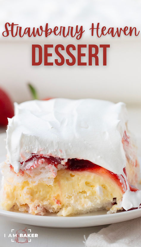 a slice of strawberry heaven dessert is on a white plate Strawberry Heaven Dessert, Easy Pudding Desserts, No Bake Strawberry Desserts, Heaven Dessert, Strawberry Angel Food Cake Dessert, Angel Food Trifle, Vanilla Pudding Desserts, Vanilla Wafer Recipe, Guava Desserts