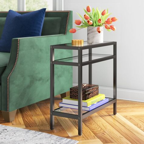 Etta Avenue™ Jamir End Table & Reviews | Wayfair Brass Table Base, Glass End Table, Glass Top End Tables, End Table With Storage, Glass End Tables, Bronze Table, Small Lamp, Modern Glam, Glam Style