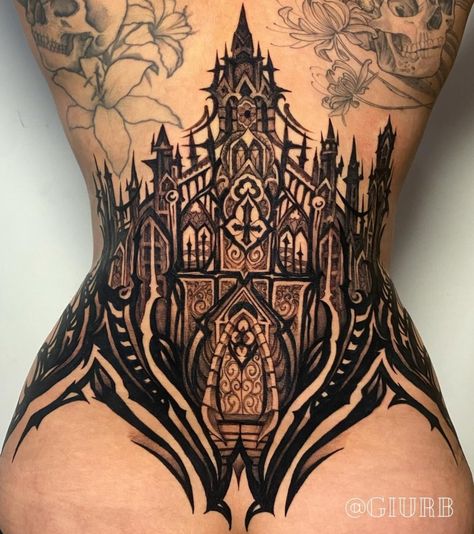 Gothic Cathedral Back Tattoo, Women's Back Piece Tattoo, Gothic Back Piece Tattoo, Baroque Tattoo Sleeve, Gothic Window Tattoo Design, Gothic Stomach Tattoo, Gothic Back Tattoo, Whole Back Tattoo, Gothic Windows Tattoo