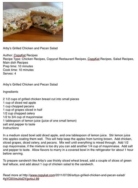 Arby's Grilled Chicken Salad Copycat Recipe Copycat Arby's Chicken Salad, Arby’s Chicken Salad Copycat, Arby’s Chicken Salad Recipe, Arbys Chicken Salad Recipe, Arby's Chicken Salad Recipe, Arbys Chicken Salad, Chicken Main Dish Recipes, Pecan Chicken Salads, Chicken Salad Sandwich Recipe