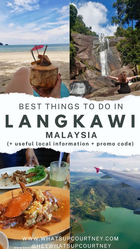 The pin consists of 4 pictures of Langkawi island in Malaysia. One is of a delicious crab dish from a popular and known restaurant in the island. Another picture is of a waterfall, another is a picture of a coconut on a beautiful beach and finally a picture of a view of Langkawi island from a plane. Included are titles that say best things to do in Langkawi Malaysia Malaysia Langkawi, Malaysia Itinerary, Port Klang, Malaysia Travel Guide, Langkawi Malaysia, Top Places To Travel, Solo Travel Destinations, Malaysia Travel, The Jewel