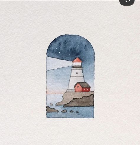 Draw A Lighthouse, Watercolor With Pen, Lighthouse Watercolor, Painted Bookmarks, Journal Images, Watercolor Doodle, Watercolor Postcard, Lighthouse Painting, Art Whimsical