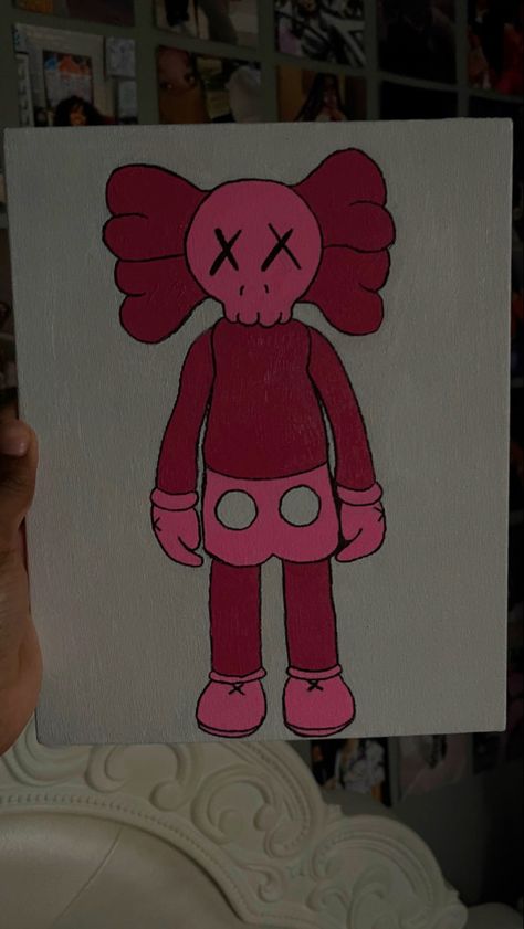 Pink Kaws Canvas Painting, Blue Kaws Painting, Kaw Paintings On Canvas, Kaws Bear Painting, Drawing Ideas Kaws, Kaws Outline Drawing, Pink Kaws Painting, Vday Paintings, Kaw Drawings