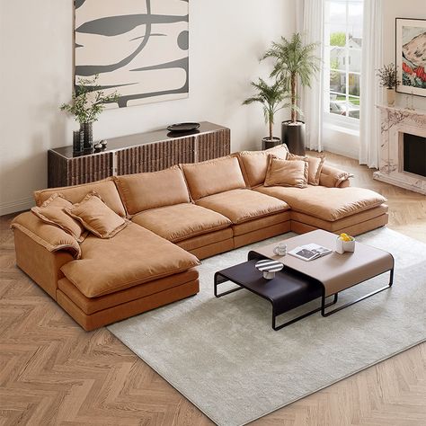 Tan leather sofa living room